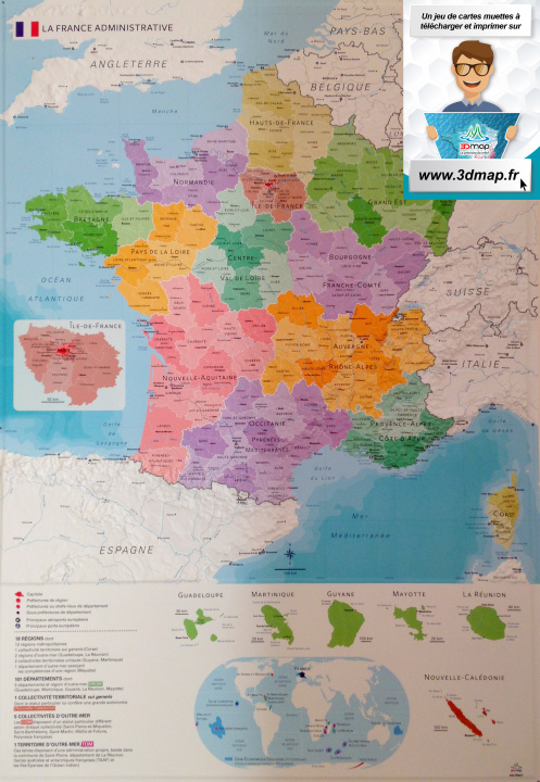 Carte CARTE EN RELIEF DE LA NOUVELLE FRANCE ADMINISTRATIVE 3DMAP