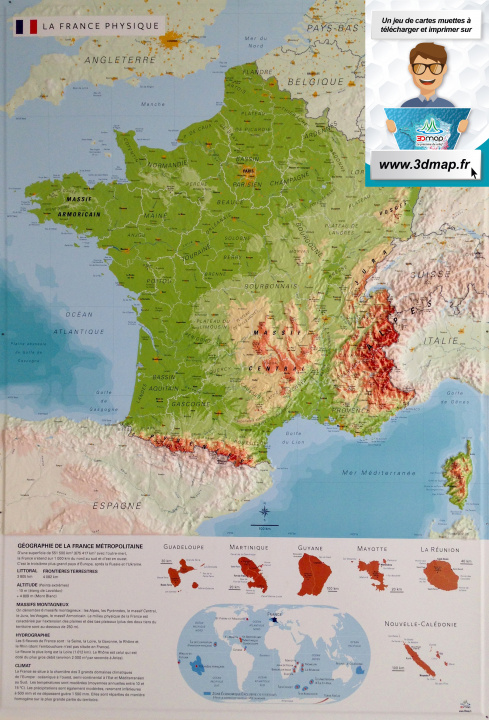 Carte CARTE EN RELIEF DE LA FRANCE PHYSIQUE 3DMAP
