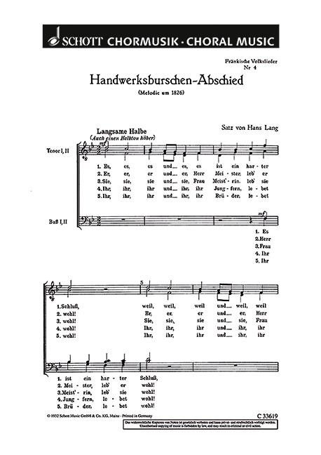 Printed items FRANKISCHE VOLKSLIEDER CHANT HANS LANG