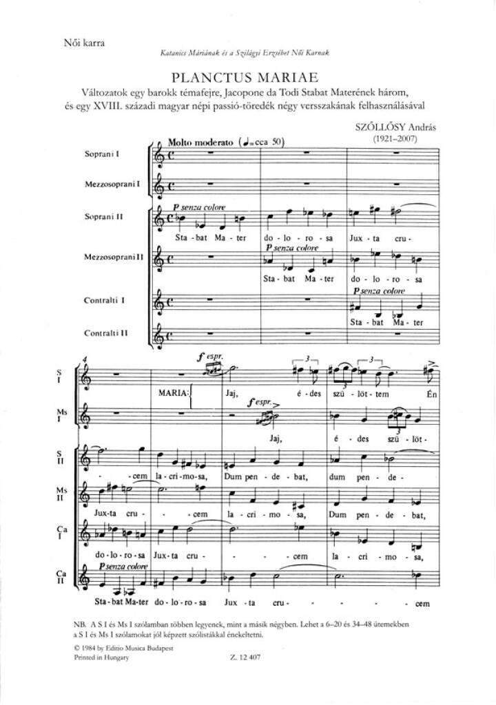 Knjiga PLANCTUS MARIAE CHANT ANDRAS SZOLLOSY
