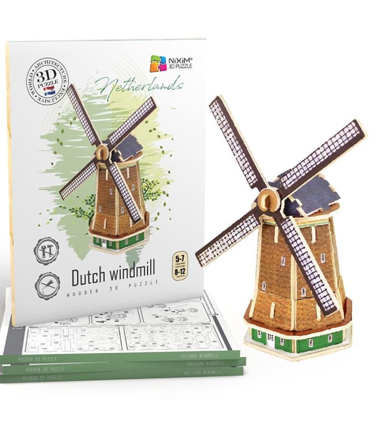 Játék NiXiM Dřevěné 3D puzzle - Holandský větrný mlýn 