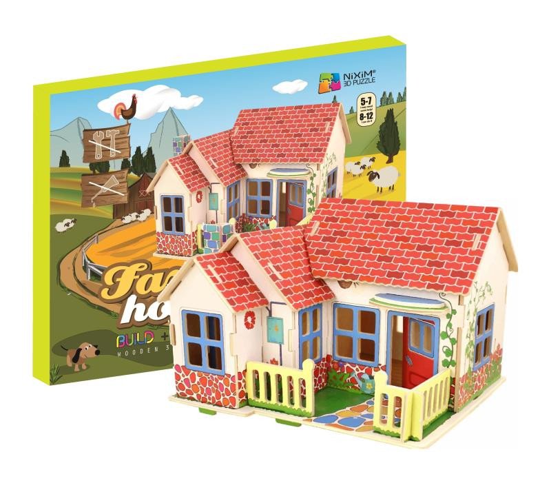 Hra/Hračka NiXiM Dřevěné 3D puzzle - Dům na farmě 