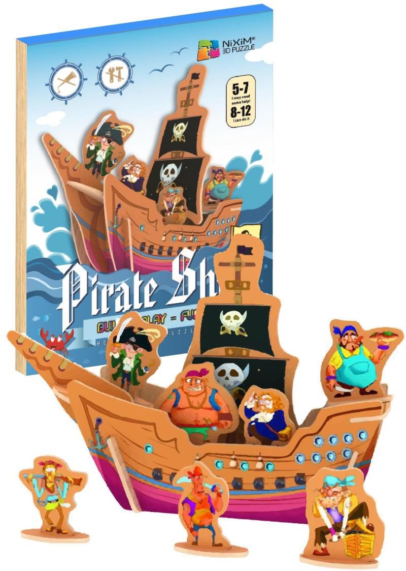 Játék NiXiM Dřevěné 3D puzzle - Pirátská loď 