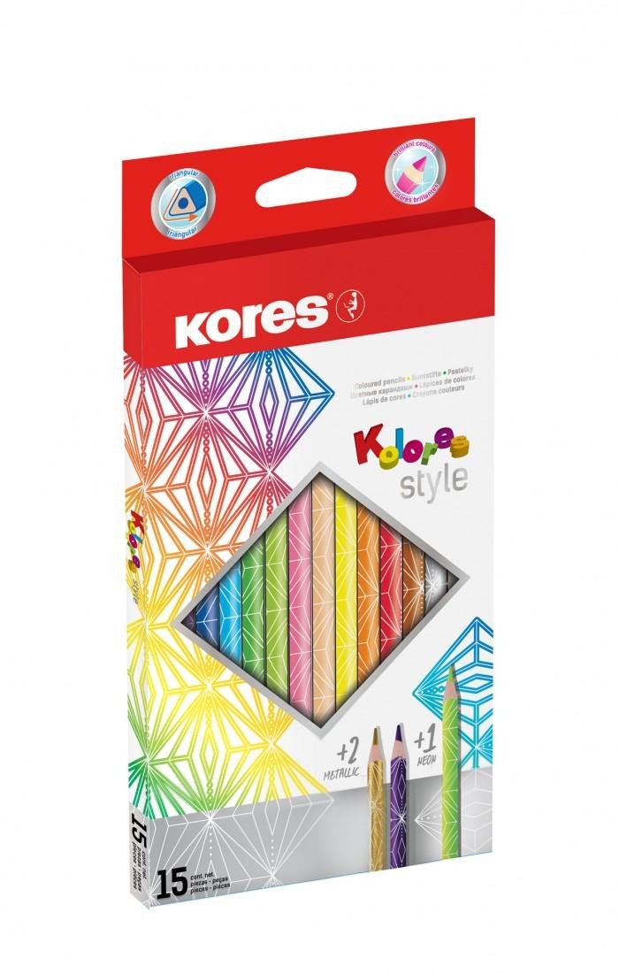 Papírenské zboží Kores Style trojhranné pastelky 15 barev 