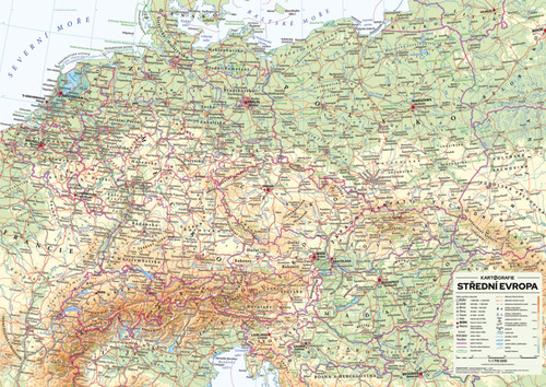 Printed items Střední Evropa nástěnná obecně zeměpisná mapa 