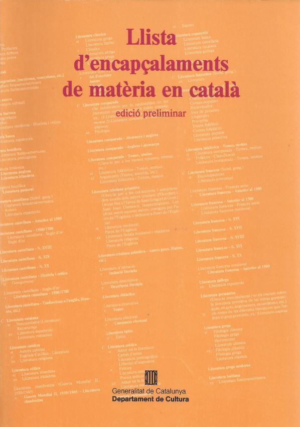 Carte Llista d'encapçalaments de matèria en català GELABERT