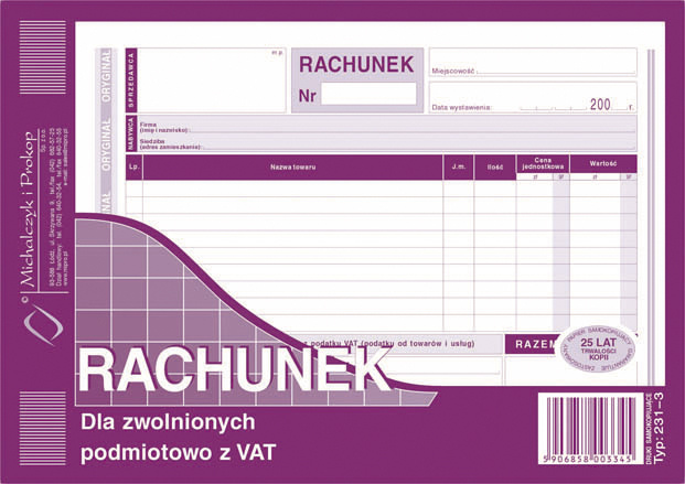 Carte Rachunek A5 dla zwolnionych z VAT poziom 