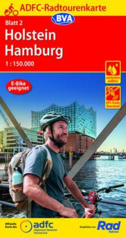 Tlačovina ADFC-Radtourenkarte 2 Holstein Hamburg 1:150.000, reiß- und wetterfest, E-Bike geeignet, GPS-Tracks Download 