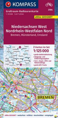 Nyomtatványok KOMPASS Großraum-Radtourenkarte 3704 Niedersachsen West, Nordrhein-Westfalen Nord 1:125.000 