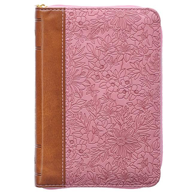 Книга KJV Holy Bible, Mini Pocket Size, Faux Leather Red Letter Edition - Ribbon Marker, King James Version, Pink/Tan, Zipper Closure 