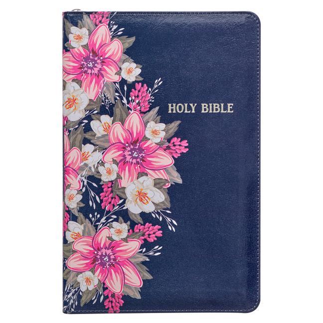Carte KJV Holy Bible Standard Size Faux Leather Red Letter Edition - Thumb Index & Ribbon Marker, King James Version, Blue Floral, Zipper Closure 