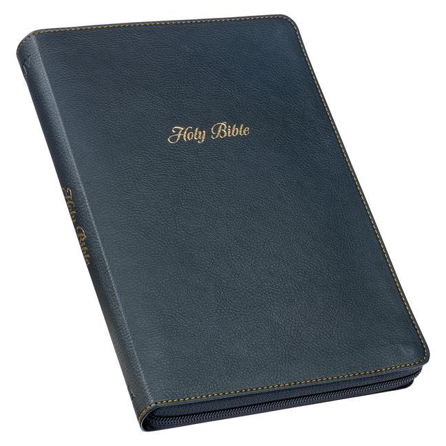 Libro KJV Holy Bible, Thinline Large Print Faux Leather Red Letter Edition - Thumb Index & Ribbon Marker, King James Version, Black, Zipper Closure 