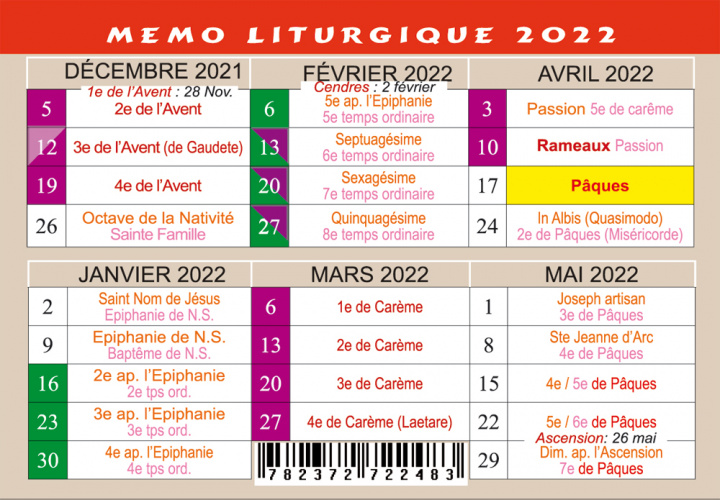 Carte Memo liturgique 2022 Saint Jude Editions