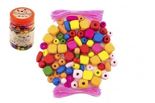 Hra/Hračka Korálky dřevěné barevné s gumičkami cca 300 ks v plastové dóze 7x11cm 