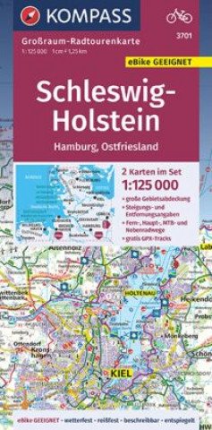 Tiskanica KOMPASS Großraum-Radtourenkarte 3701 Schleswig-Holstein, Hamburg, Ostfriesland 1:125.000 