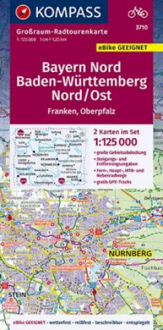 Tiskovina KOMPASS Großraum-Radtourenkarte 3710 Bayern Nord, Baden-Württemberg Nord/Ost 1:125.000 