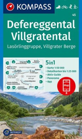 Nyomtatványok KOMPASS Wanderkarte 45 Defereggental, Villgratental, Lasörlinggruppe, Villgrater Berge 1:50.000 