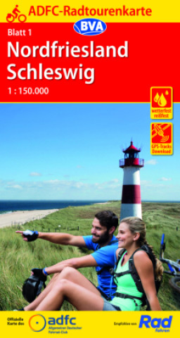 Tlačovina ADFC-Radtourenkarte 1 Nordfriesland /Schleswig 1:150.000, reiß- und wetterfest, E-Bike geeignet, GPS-Tracks Download 