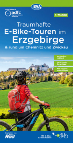 Prasa ADFC-Regionalkarte Traumhafte E-Bike-Touren im Erzgebirge, 1:75.000, mit Tagestourenvorschlägen, reiß- und wetterfest, GPS-Tracks Download 