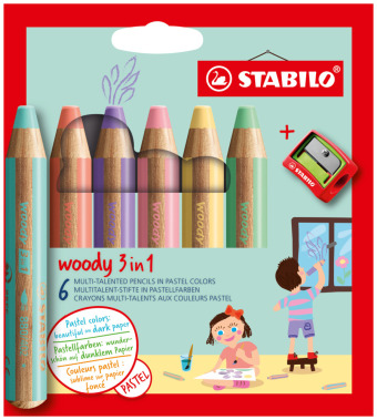 Stationery items Pastelky STABILO Woody 3in1, sada 6 ks v pouzdru s ořezávátkem 