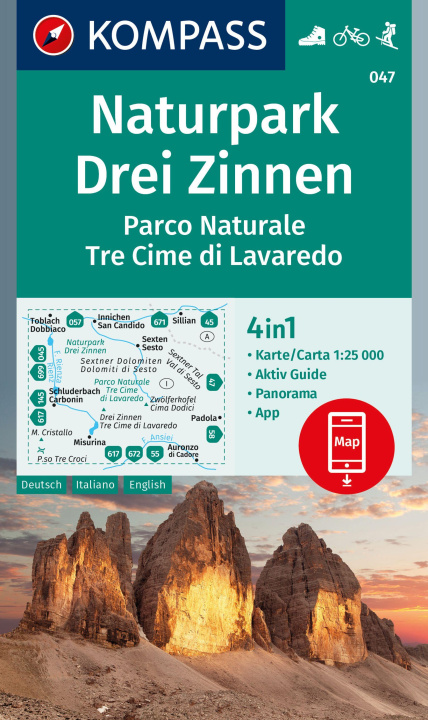 Nyomtatványok KOMPASS Wanderkarte 047 Naturpark Drei Zinnen, Parco Naturale Tre Cime di Lavaredo 1:25.000 