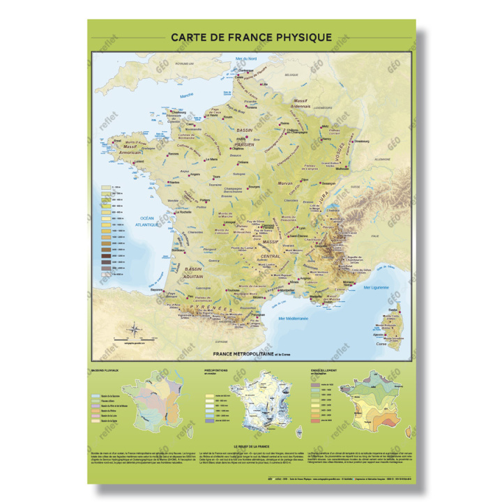 Könyv Carte de France Physique : Relief et Hydrographie - Poster Plastifié A0 