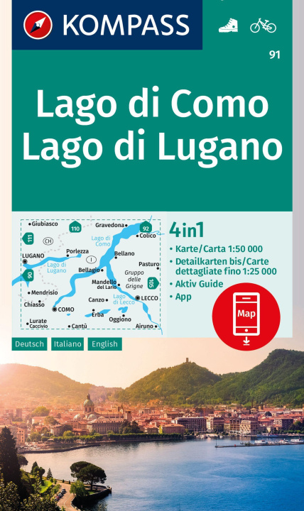 Nyomtatványok KOMPASS Wanderkarte 91 Lago di Como, Lago di Lugano 1:50.000 