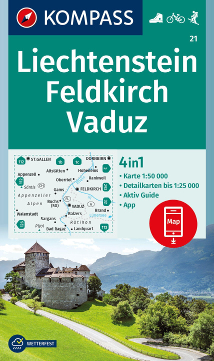 Tiskanica KOMPASS Wanderkarte 21 Liechtenstein, Feldkirch, Vaduz 1:50.000 
