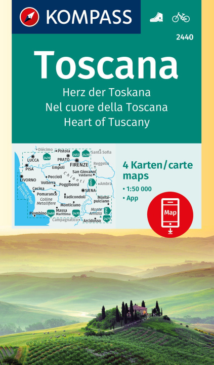 Prasa KOMPASS Wanderkarten-Set 2440 Toscana, Herz der Toskana, Nel cuore della Toscana, Heart of Tuscany (4 Karten) 1:50.000 