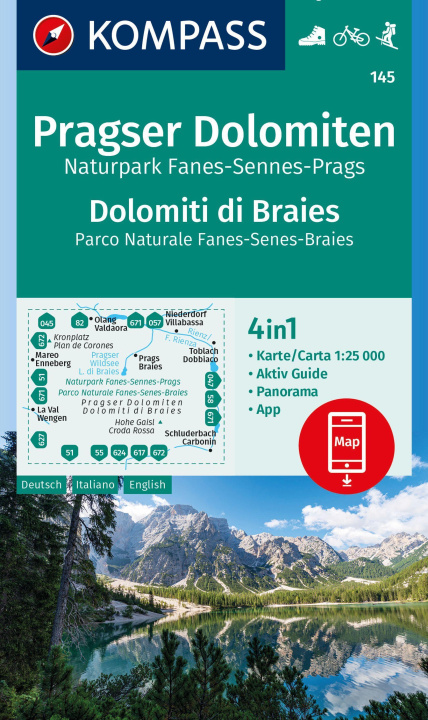 Tiskovina KOMPASS Wanderkarte 145 Pragser Dolomiten, Naturpark Fanes-Sennes-Prags, Dolomiti di Braies, Parco Naturale Fanes-Senes-Braies 1:25.000 