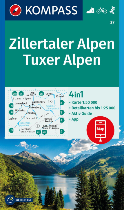 Nyomtatványok KOMPASS Wanderkarte 37 Zillertaler Alpen, Tuxer Alpen 1:25.000 