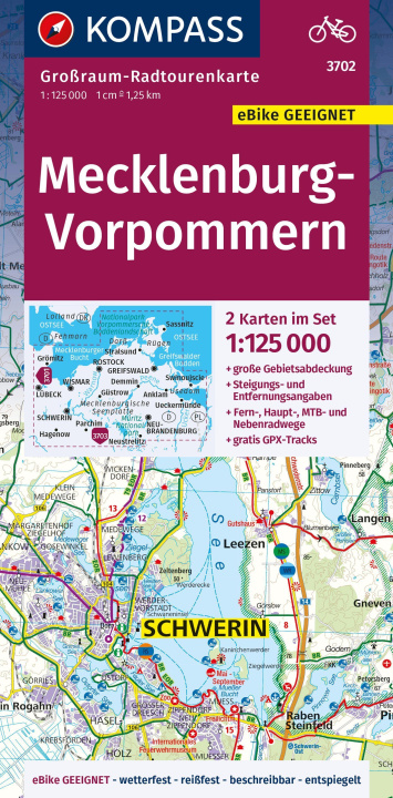 Nyomtatványok KOMPASS Großraum-Radtourenkarte 3702 Mecklenburg-Vorpommern 1:125.000 