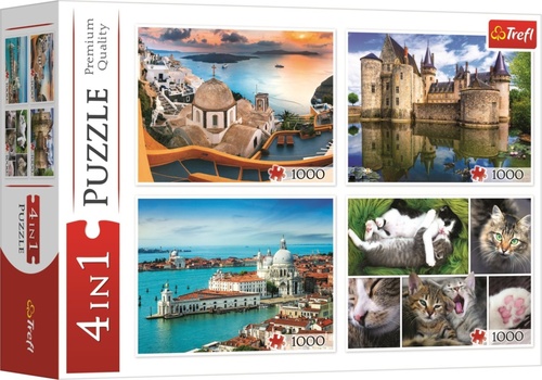 Hra/Hračka Puzzle Santorini, Benátky, Zámek Sully-sur-Loire a Kočky 4x1000 dílků 
