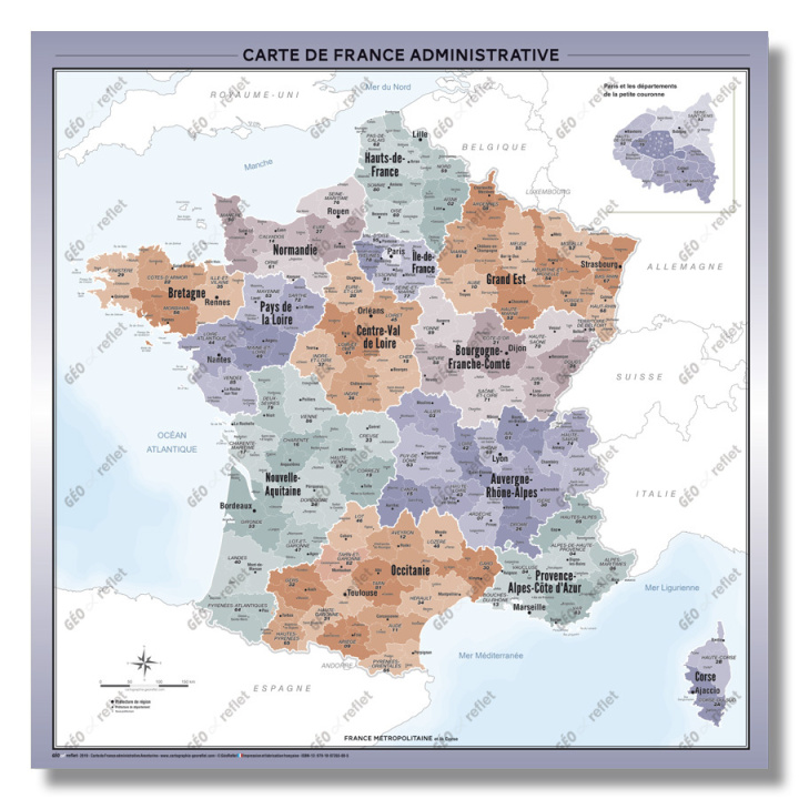 Carte Carte de France Administrative - Modèle Aventurine - Affiche 100x100cm 