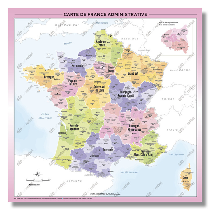 Kniha Carte de France Administrative - Modèle Fluorine - Affiche 100x100cm 