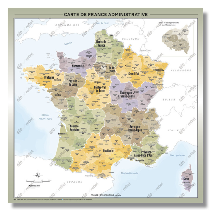 Kniha Carte de France Administrative - Modèle Topaze - Affiche 100x100cm 