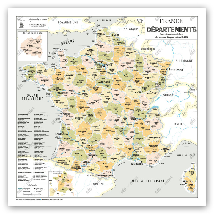 Carte Carte de France Administrative des Départements - Modèle Vintage - Poster Plastifié Velleda 100x100 
