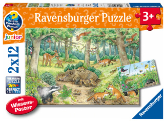 Joc / Jucărie Ravensburger Kinderpuzzle - 05673 Tiere im Wald und auf der Wiese - 2x12 Teile + Wissensposter, Wieso? Weshalb? Warum? Puzzle für Kinder ab 3 Jahren Marion Kreimeyer-Visse