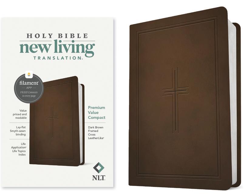 Книга NLT Premium Value Compact Bible, Filament Enabled Edition (Leatherlike, Dark Brown Framed Cross) 
