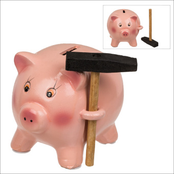 Játék Spardose Schwein mit Hammer aus Keramik, ca. 15 cm 