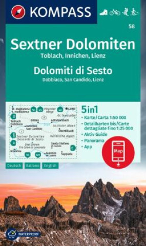 Materiale tipărite KOMPASS Wanderkarte 58 Sextner Dolomiten, Toblach, Innichen, Lienz / Dolomit di Sesto, Dobbiaco, San Candido, Lienz 1:50.000 