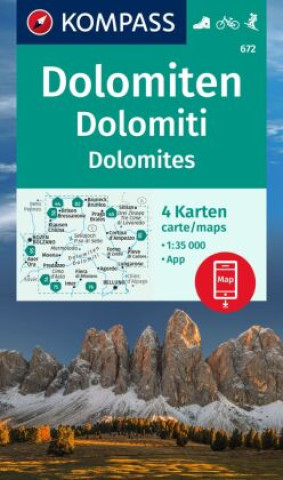 Tlačovina KOMPASS Wanderkarten-Set 672 Dolomiten, Dolomiti, Dolomites (4 Karten) 1:35.000 