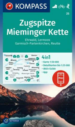 Tiskovina KOMPASS Wanderkarte 25 Zugspitze, Mieminger Kette, Ehrwald, Lermoos, Garmisch-Partenkirchen, Reutte 1:50.000 