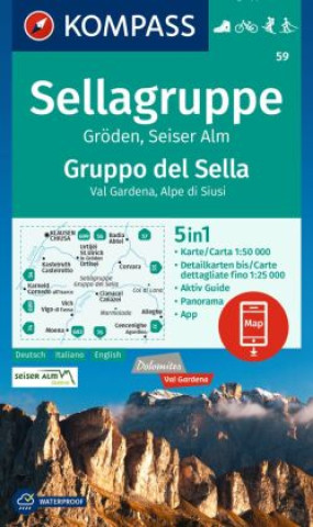 Printed items KOMPASS Wanderkarte 59 Sellagruppe, Gröden, Seiseralm / Gruppo del Sella, Val Gardena, Alpe di Siusi 1:50.000 