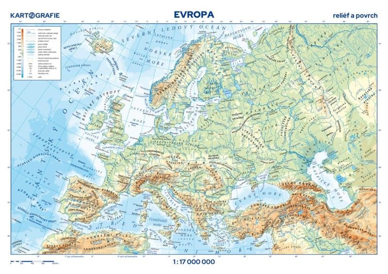 Kniha Evropa - reliéf a povrch 1:17 000 000 nástěnná mapa 