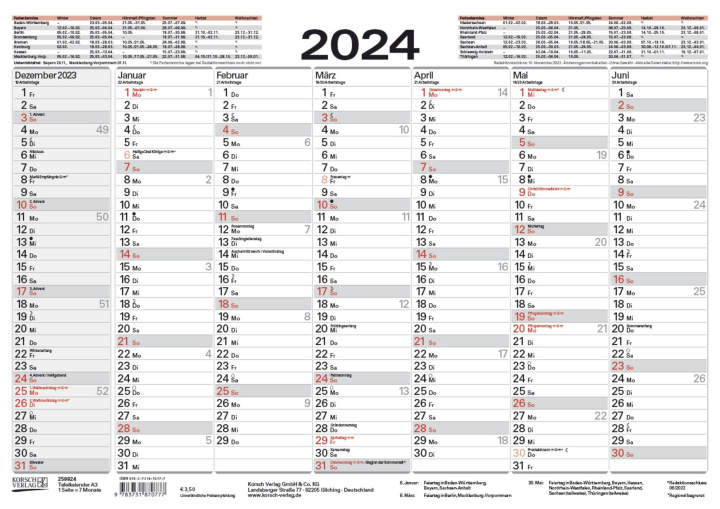 Naptár/Határidőnapló Tafelkalender A3 2024 