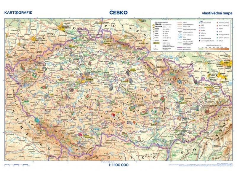 Carte Česko - vlastivědná mapa, 1 : 1 100 000 / obrysová mapa / 46 x 32 cm 