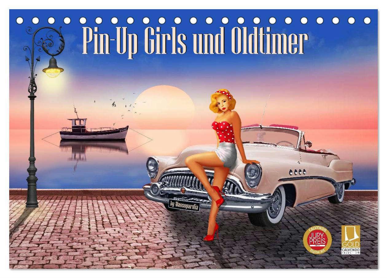 Kalendarz/Pamiętnik Pin-Up Girls und Oldtimer by Mausopardia (Tischkalender 2024 DIN A5 quer), CALVENDO Monatskalender Monika Jüngling alias Mausopardia