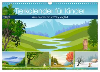 Naptár/Határidőnapló Tierkalender für Kinder (Wandkalender 2024 DIN A3 quer), CALVENDO Monatskalender VogtArt