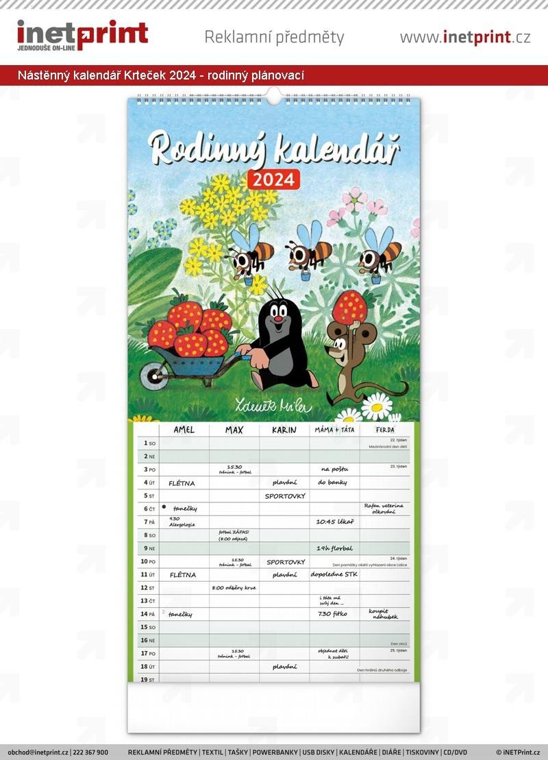 Kalendář/Diář Kalendář 2024 nástěnný: Rodinný, plánovací Krteček, 21 × 42 cm 